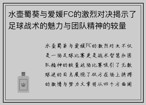 水壶蜀葵与爱媛FC的激烈对决揭示了足球战术的魅力与团队精神的较量