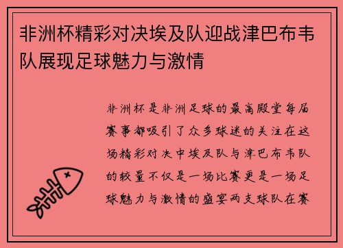 非洲杯精彩对决埃及队迎战津巴布韦队展现足球魅力与激情